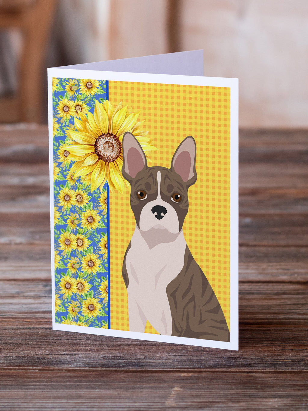 Summer Sunflowers Brindle Boston Terrier Greeting Cards Pack of 8 Blank Cards with Envelopes Whimsical A7 Size 5x7