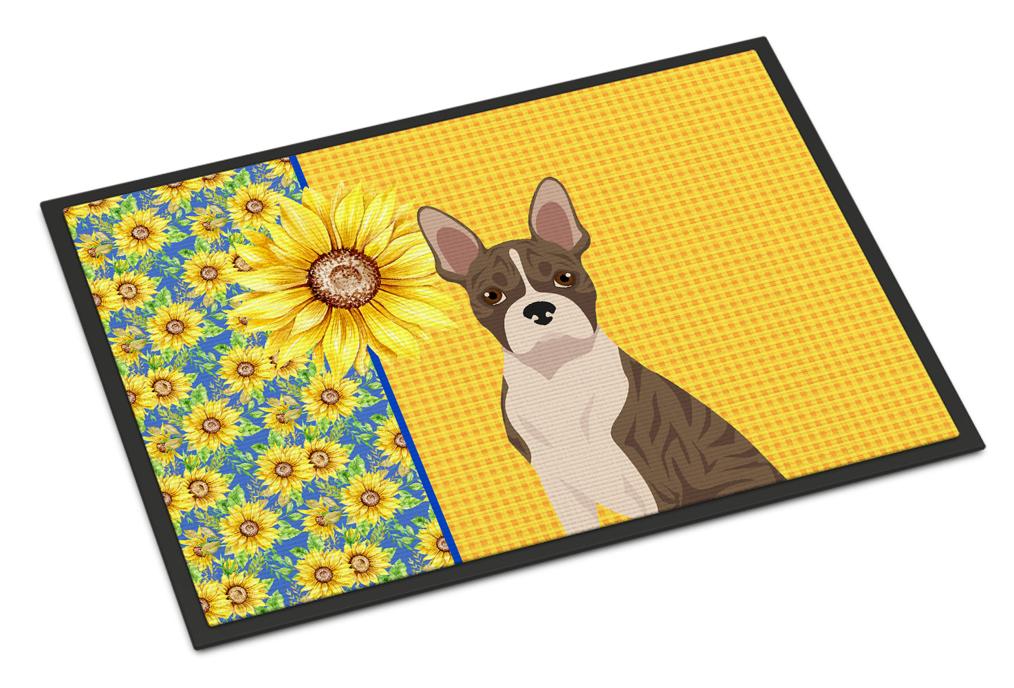 Summer Sunflowers Brindle Boston Terrier Doormat Indoor Outdoor 24H X 36W Front Door Mat Rugs for Entryway, Non Slip Washable Low Pile,