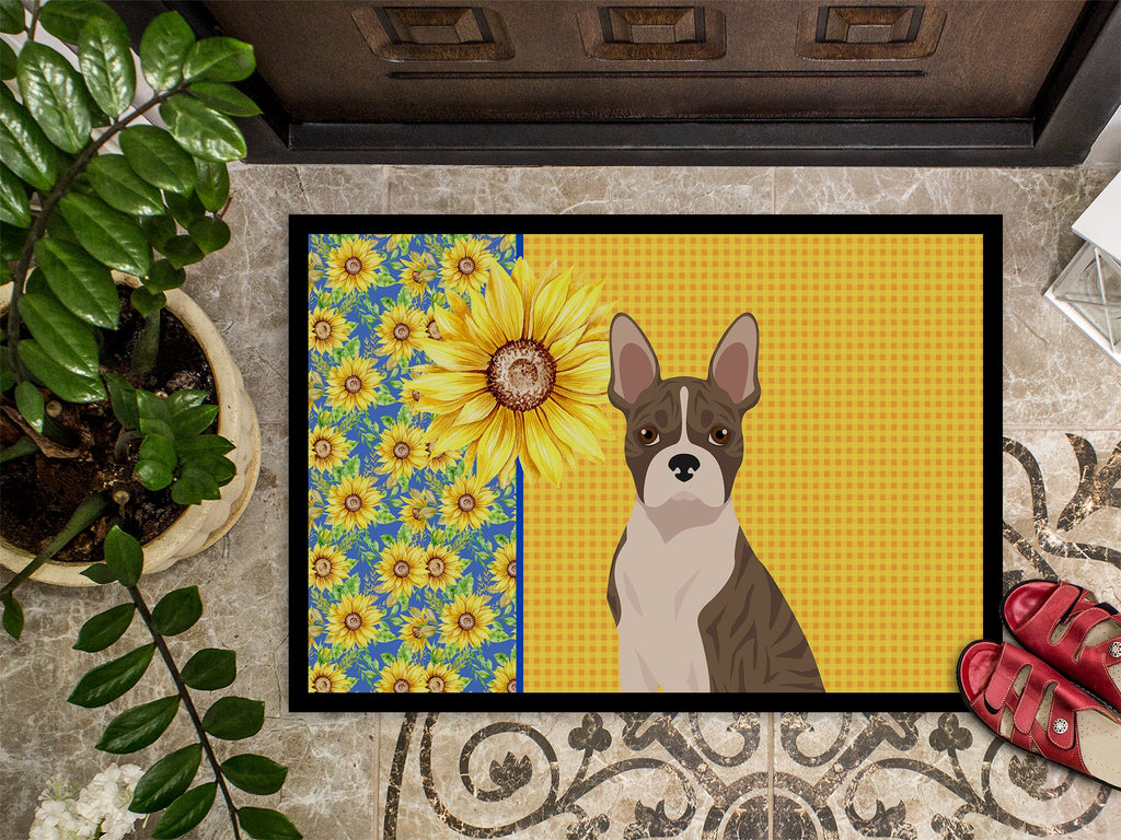 Summer Sunflowers Brindle Boston Terrier Doormat Indoor Outdoor 24H X 36W Front Door Mat Rugs for Entryway, Non Slip Washable Low Pile,