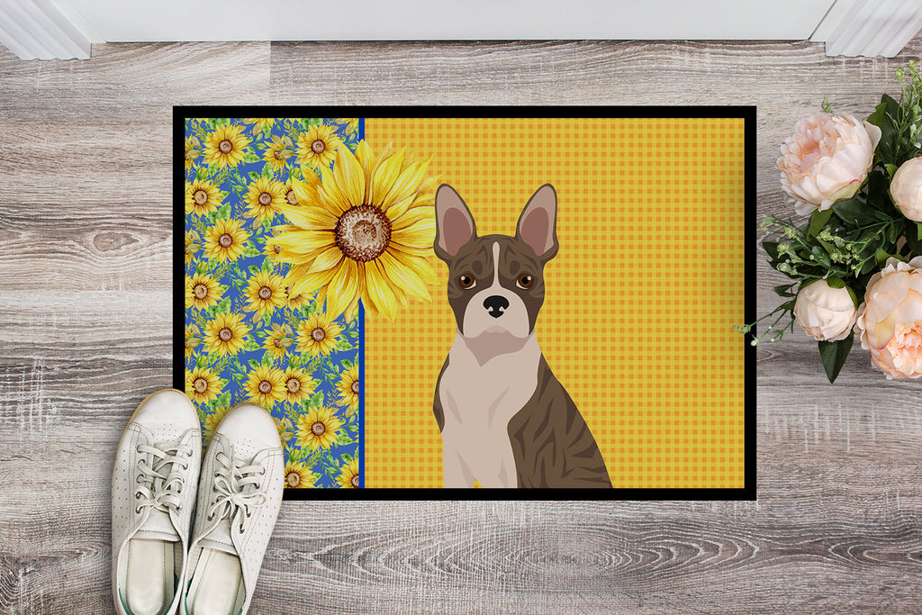 Summer Sunflowers Brindle Boston Terrier Doormat Indoor Outdoor 18H X 27W Front Door Mat Rugs for Entryway, Non Slip Washable