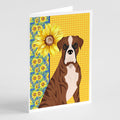 Summer Sunflowers Natural Eared Red Brindle Boxer Greeting Cards Pack of 8 Blank Cards with Envelopes Whimsical A7 Size 5x7