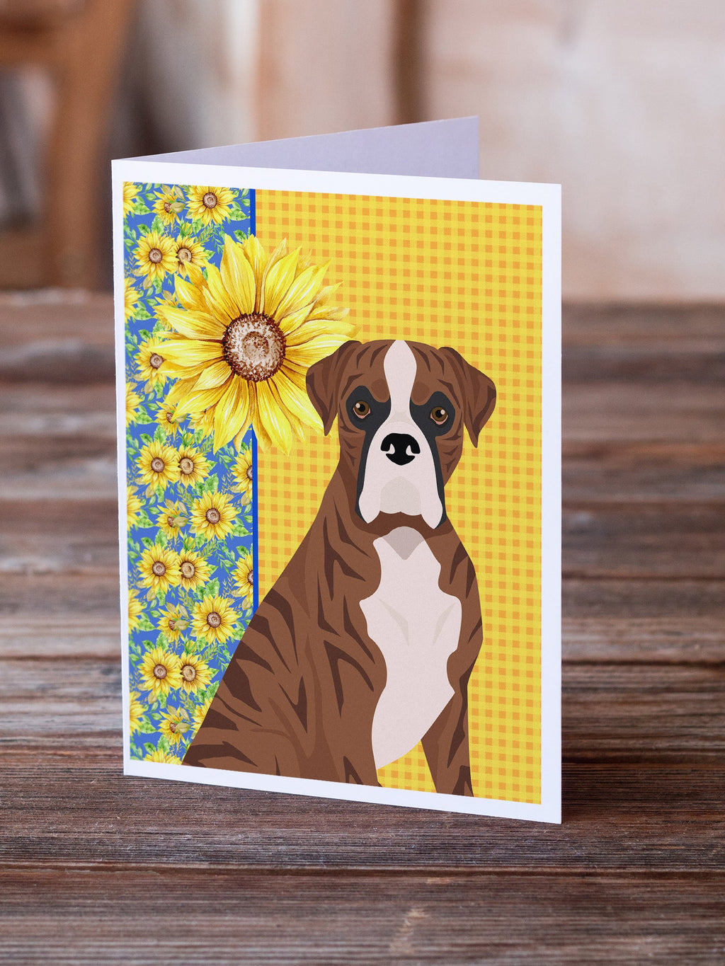 Summer Sunflowers Natural Eared Red Brindle Boxer Greeting Cards Pack of 8 Blank Cards with Envelopes Whimsical A7 Size 5x7