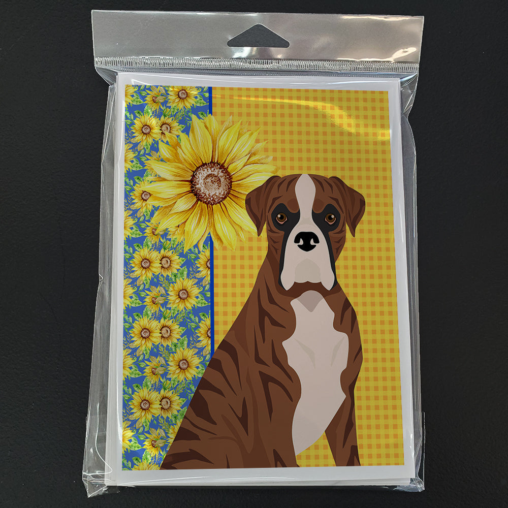 Summer Sunflowers Natural Eared Red Brindle Boxer Greeting Cards Pack of 8 Blank Cards with Envelopes Whimsical A7 Size 5x7