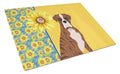 Summer Sunflowers Natural Eared Red Brindle Boxer Cutting Board Tempered Glass Kitchen Cutting Surface, Heat Resistant Chopping, Non-Slip Feet, Food Prep & Serving