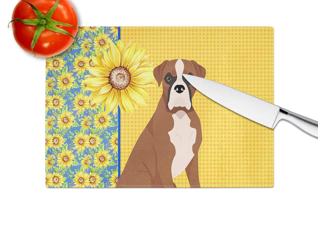 Summer Sunflowers Natural Eared Red Fawn Boxer Cutting Board Tempered Glass Kitchen Cutting Surface, Heat Resistant Chopping, Non-Slip Feet, Food Prep & Serving