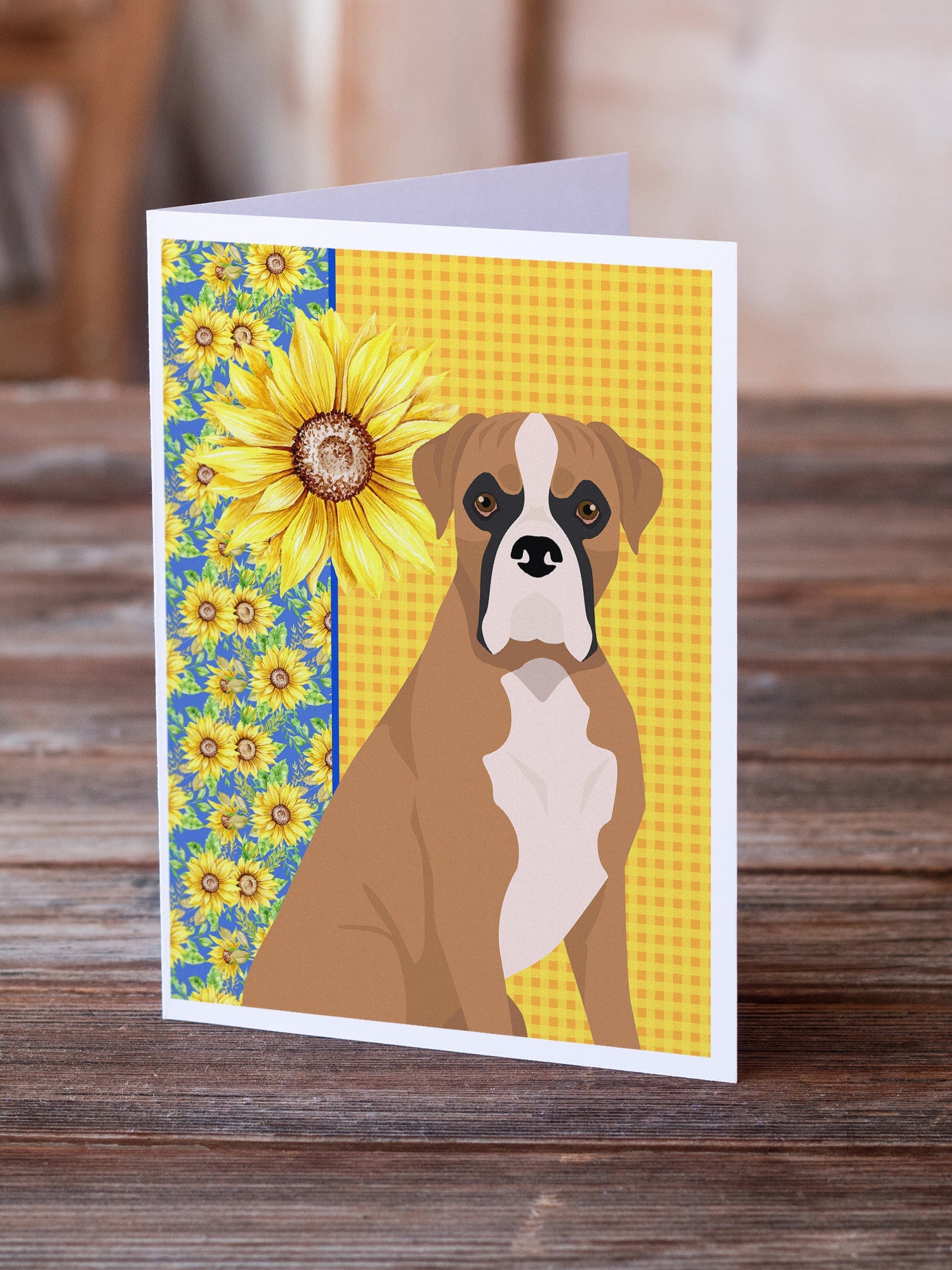Summer Sunflowers Natural Eared Fawn Boxer Greeting Cards Pack of 8 Blank Cards with Envelopes Whimsical A7 Size 5x7