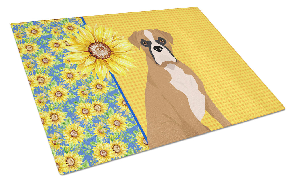 Summer Sunflowers Natural Eared Fawn Boxer Cutting Board Tempered Glass Kitchen Cutting Surface, Heat Resistant Chopping, Non-Slip Feet, Food Prep & Serving