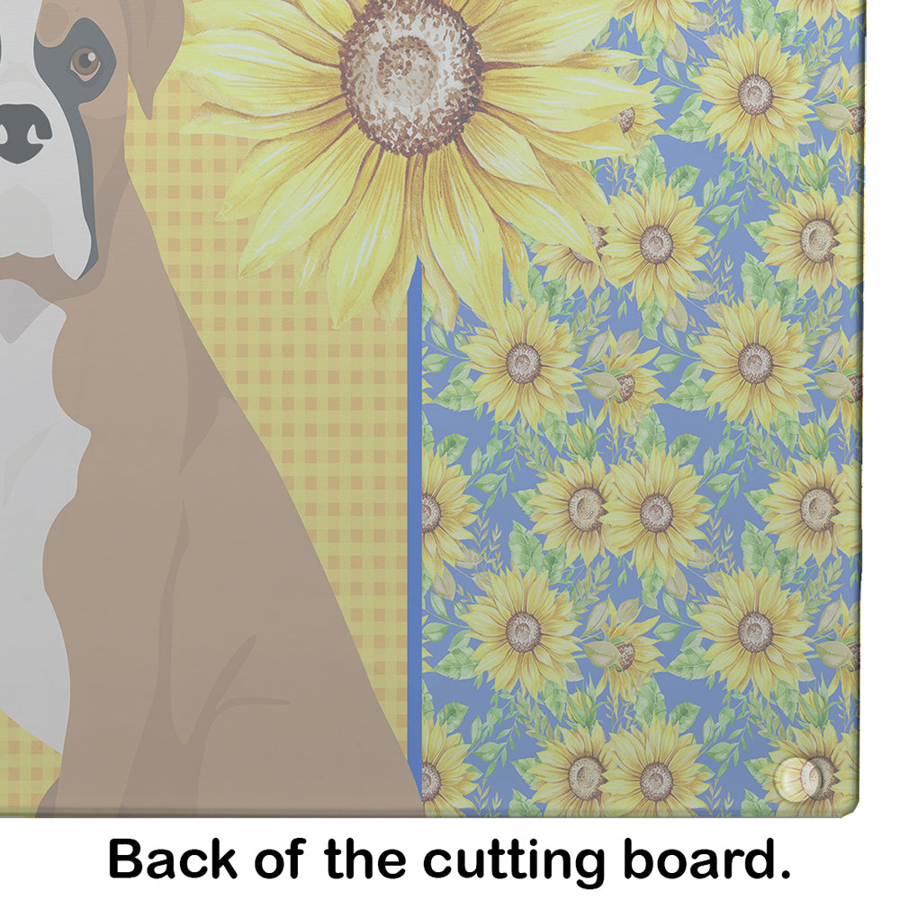 Summer Sunflowers Natural Eared Fawn Boxer Cutting Board Tempered Glass Kitchen Cutting Surface, Heat Resistant Chopping, Non-Slip Feet, Food Prep & Serving