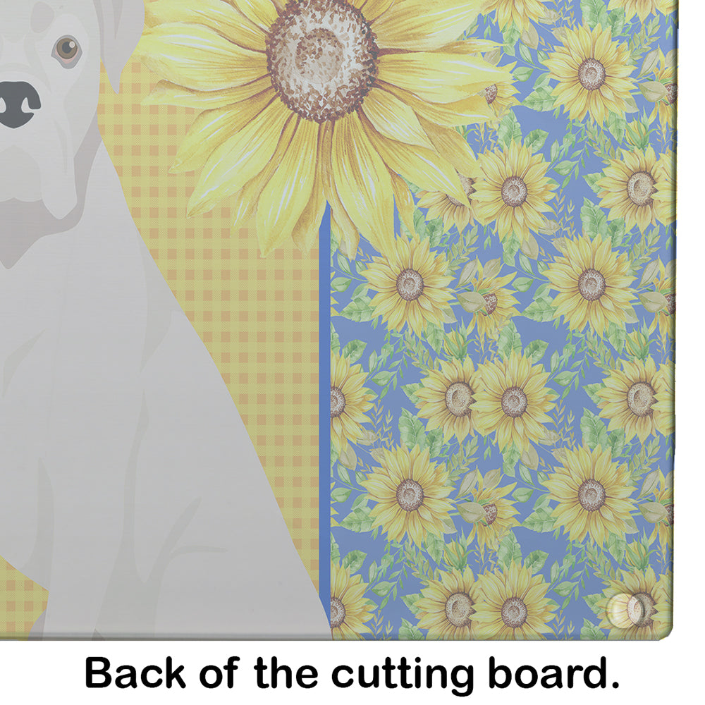 Summer Sunflowers Natural Eared White Boxer Cutting Board Tempered Glass Kitchen Cutting Surface, Heat Resistant Chopping, Non-Slip Feet, Food Prep & Serving