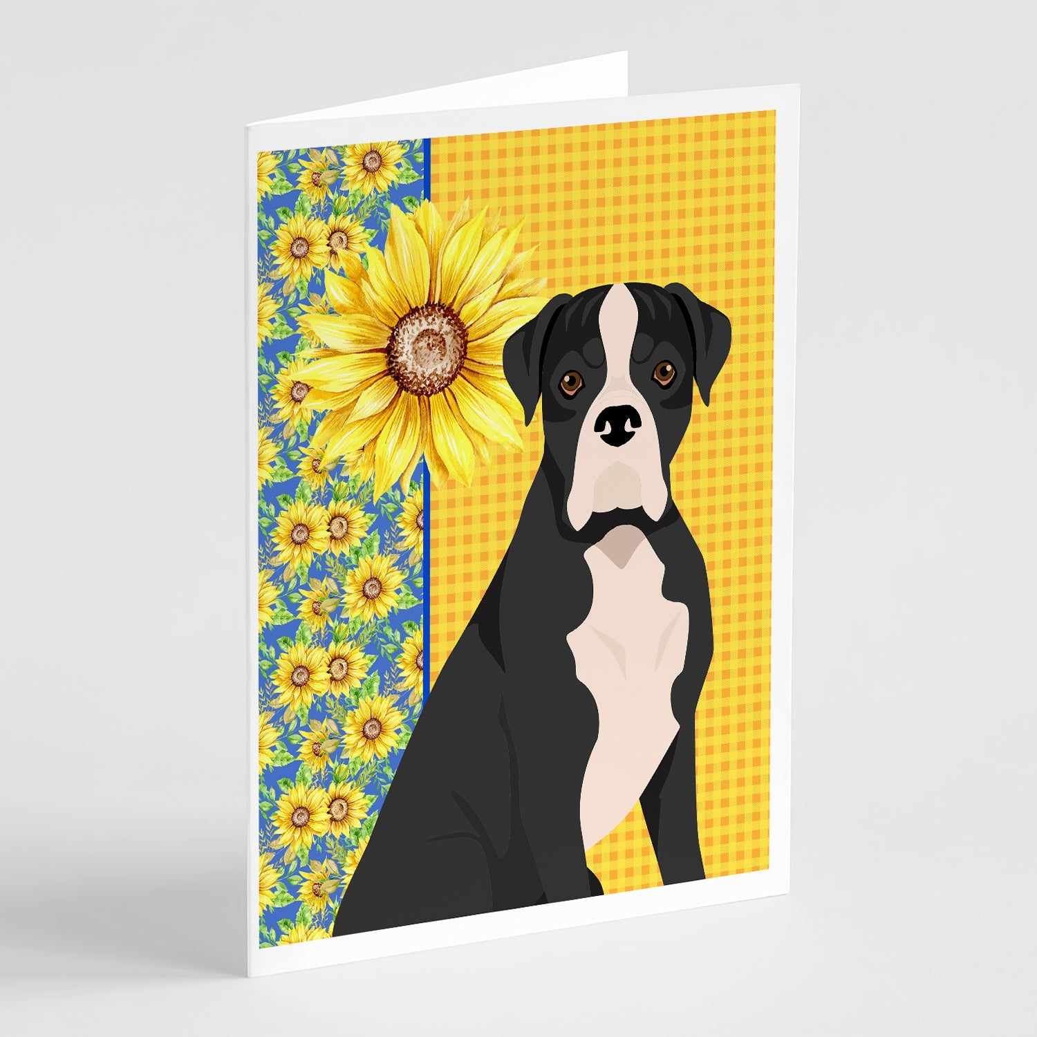 Summer Sunflowers Natural Eared Black Boxer Greeting Cards Pack of 8 Blank Cards with Envelopes Whimsical A7 Size 5x7
