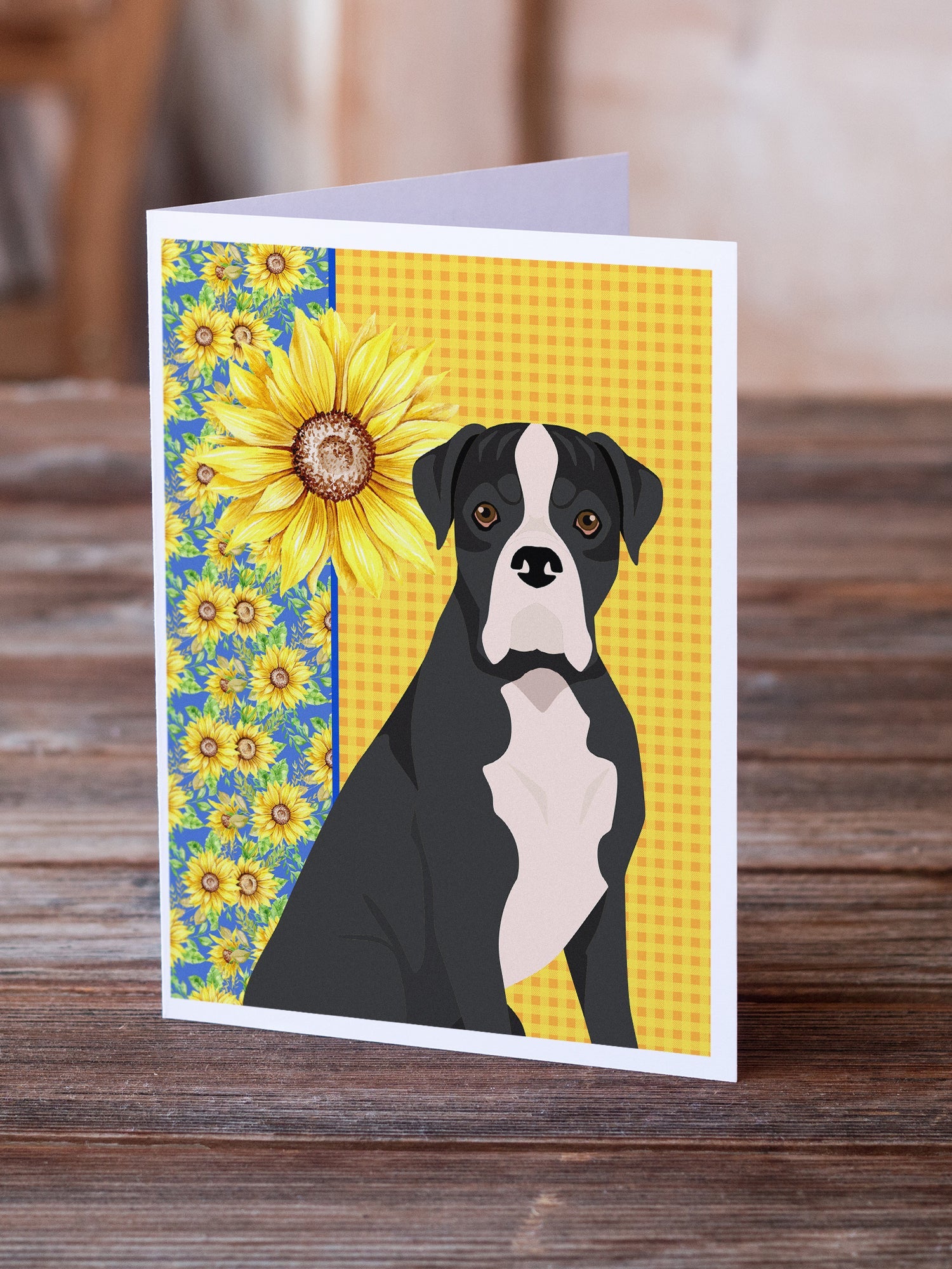 Summer Sunflowers Natural Eared Black Boxer Greeting Cards Pack of 8 Blank Cards with Envelopes Whimsical A7 Size 5x7