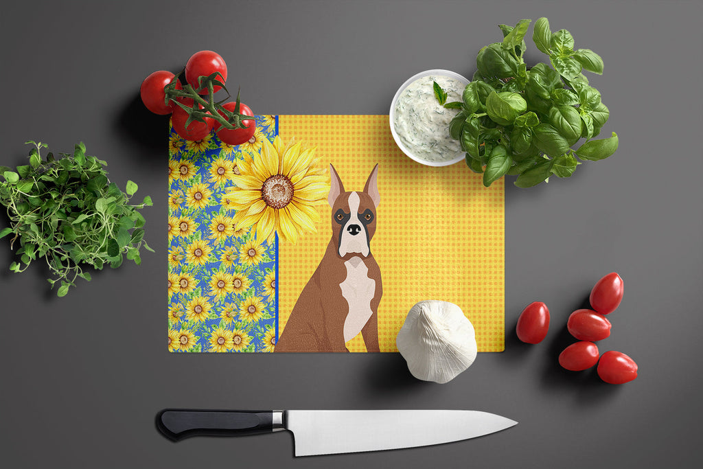 Summer Sunflowers Red Fawn Boxer Cutting Board Tempered Glass Kitchen Cutting Surface, Heat Resistant Chopping, Non-Slip Feet, Food Prep & Serving