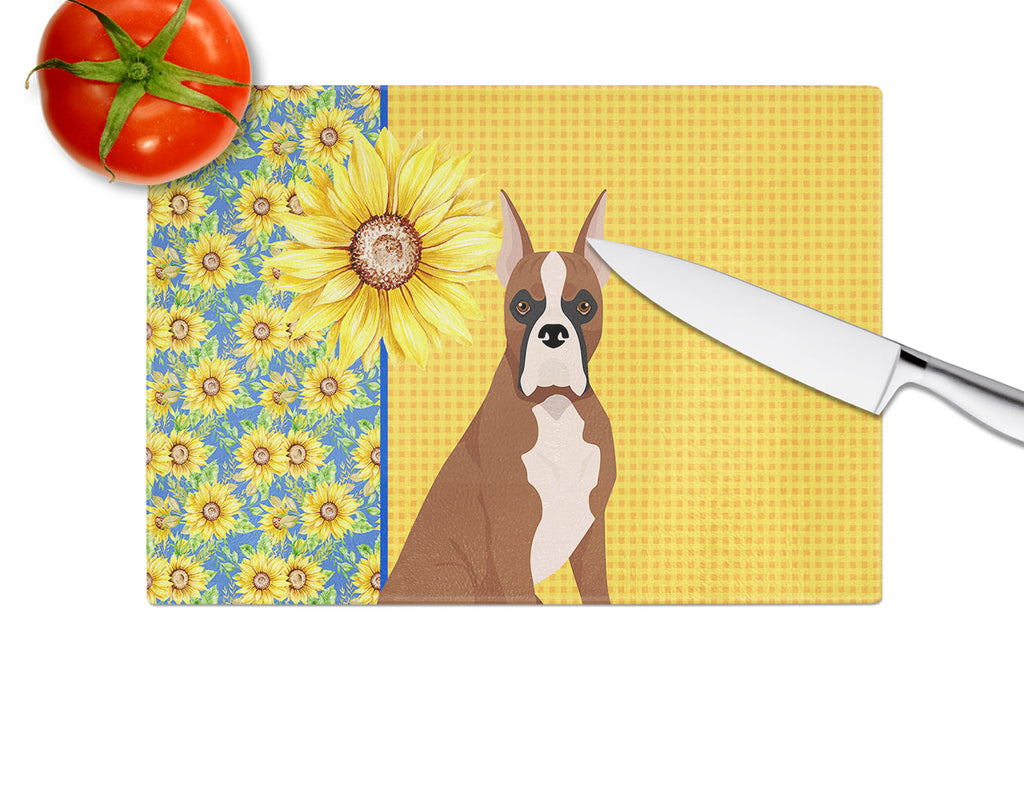 Summer Sunflowers Red Fawn Boxer Cutting Board Tempered Glass Kitchen Cutting Surface, Heat Resistant Chopping, Non-Slip Feet, Food Prep & Serving