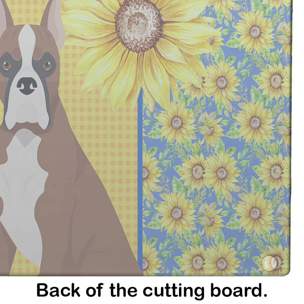 Summer Sunflowers Red Fawn Boxer Cutting Board Tempered Glass Kitchen Cutting Surface, Heat Resistant Chopping, Non-Slip Feet, Food Prep & Serving
