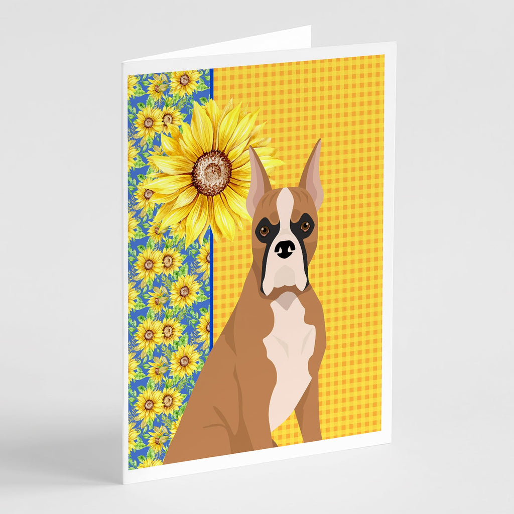 Summer Sunflowers Fawn Boxer Greeting Cards Pack of 8 Blank Cards with Envelopes Whimsical A7 Size 5x7