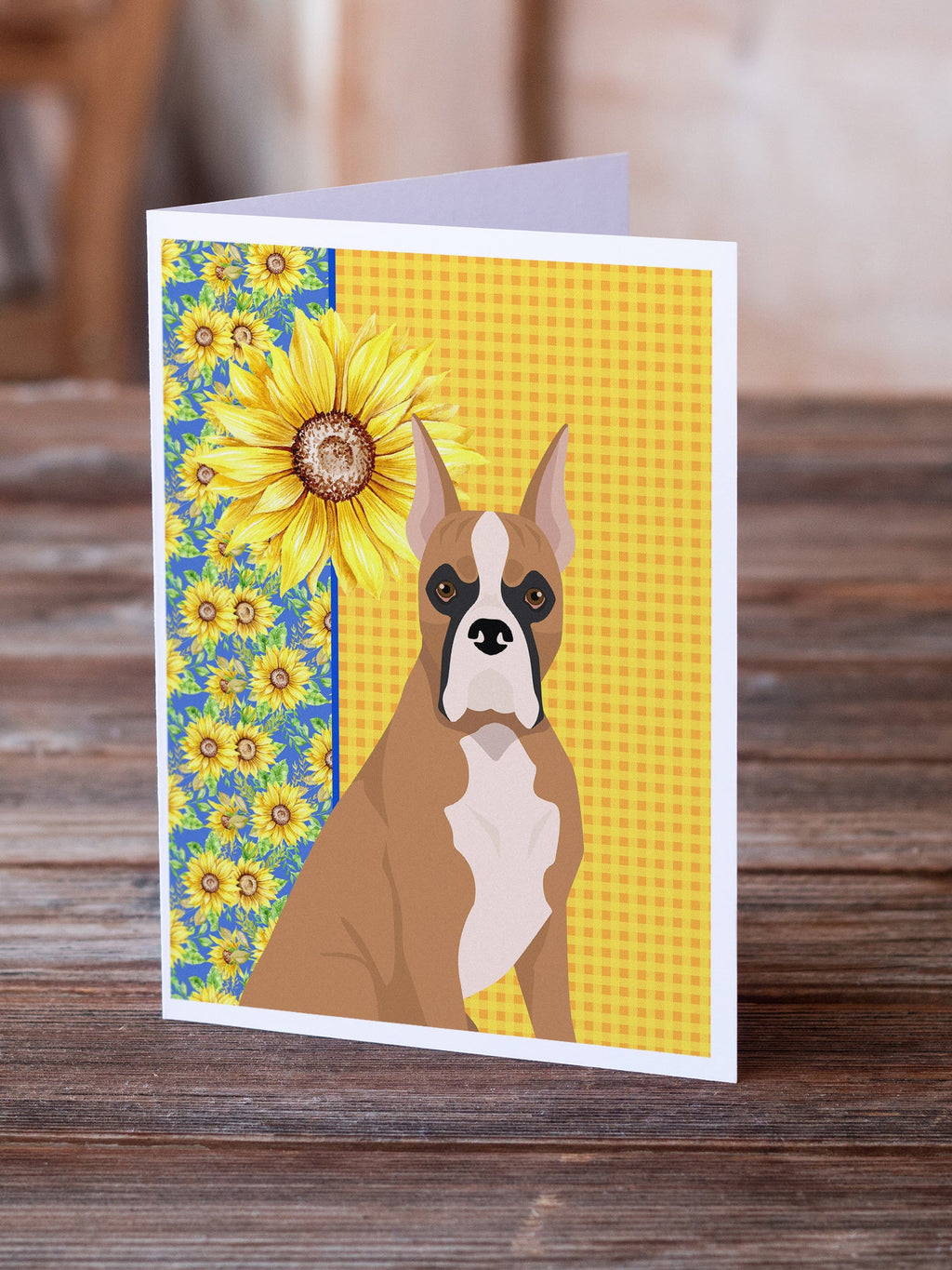Summer Sunflowers Fawn Boxer Greeting Cards Pack of 8 Blank Cards with Envelopes Whimsical A7 Size 5x7