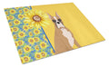 Summer Sunflowers Fawn Boxer Cutting Board Tempered Glass Kitchen Cutting Surface, Heat Resistant Chopping, Non-Slip Feet, Food Prep & Serving