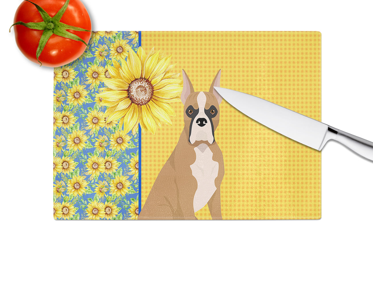 Summer Sunflowers Fawn Boxer Cutting Board Tempered Glass Kitchen Cutting Surface, Heat Resistant Chopping, Non-Slip Feet, Food Prep & Serving