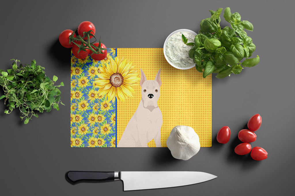 Summer Sunflowers White Boxer Cutting Board Tempered Glass Kitchen Cutting Surface, Heat Resistant Chopping, Non-Slip Feet, Food Prep & Serving