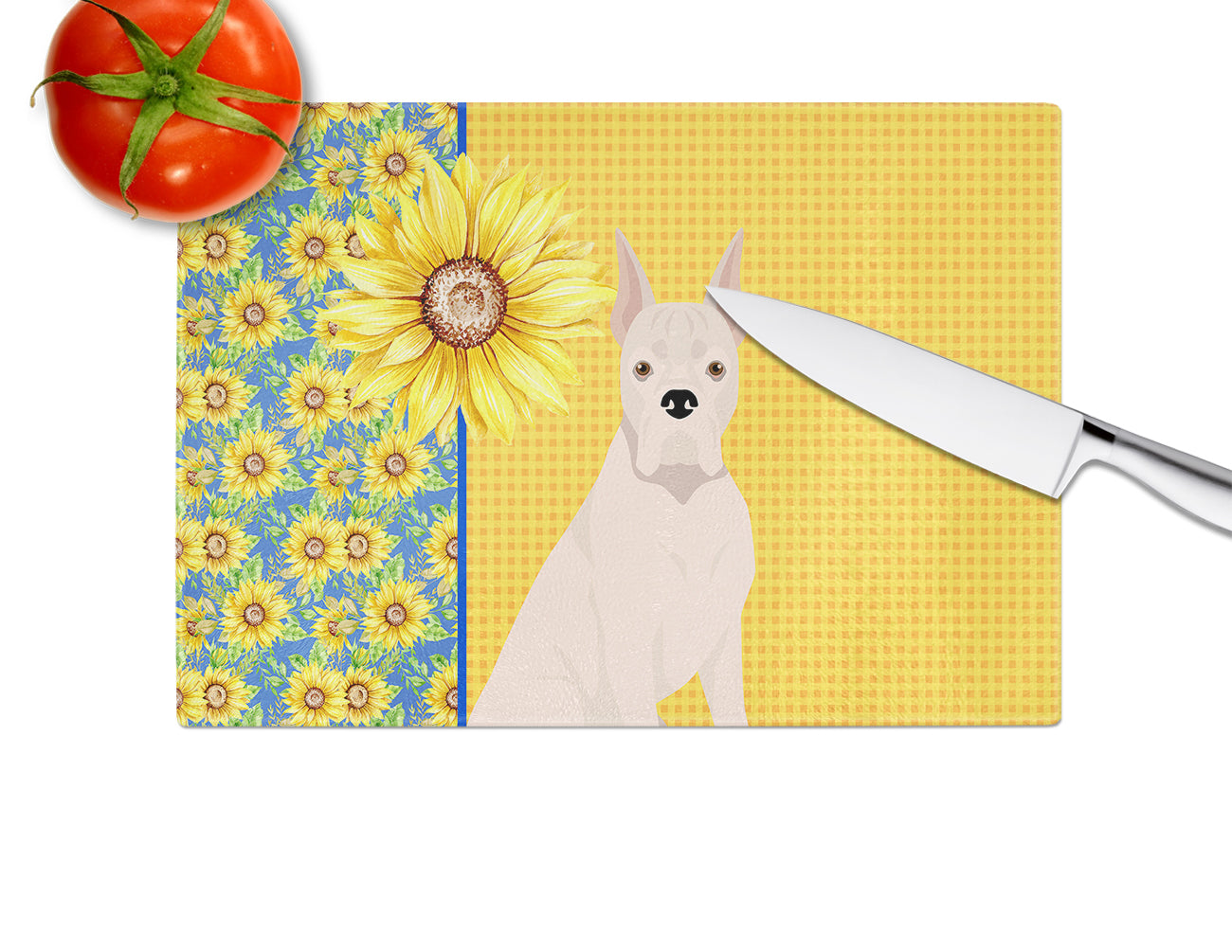 Summer Sunflowers White Boxer Cutting Board Tempered Glass Kitchen Cutting Surface, Heat Resistant Chopping, Non-Slip Feet, Food Prep & Serving
