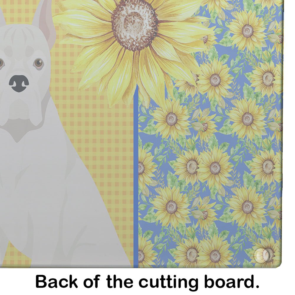 Summer Sunflowers White Boxer Cutting Board Tempered Glass Kitchen Cutting Surface, Heat Resistant Chopping, Non-Slip Feet, Food Prep & Serving