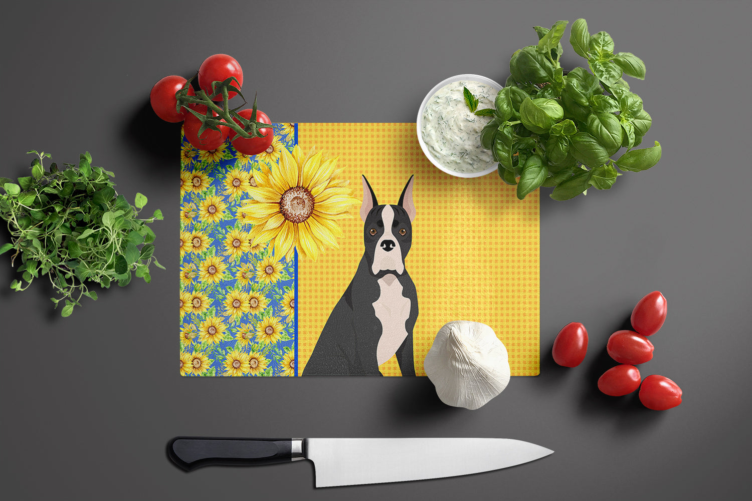 Summer Sunflowers Black Boxer Cutting Board Tempered Glass Kitchen Cutting Surface, Heat Resistant Chopping, Non-Slip Feet, Food Prep & Serving