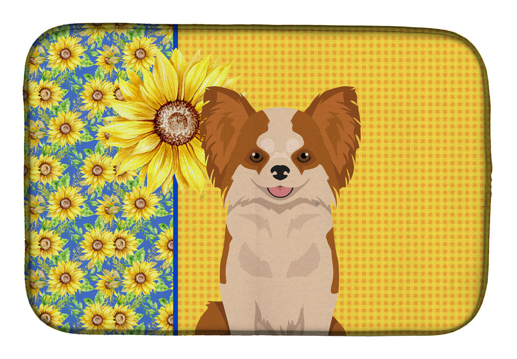 Summer Sunflowers Longhaired Red and White Chihuahua Dish Drying Mat Absorbent Dish Drying Mat Pad for Kitchen Counter Dish Drainer Mat for Countertop, 14 x 21", Multicolor