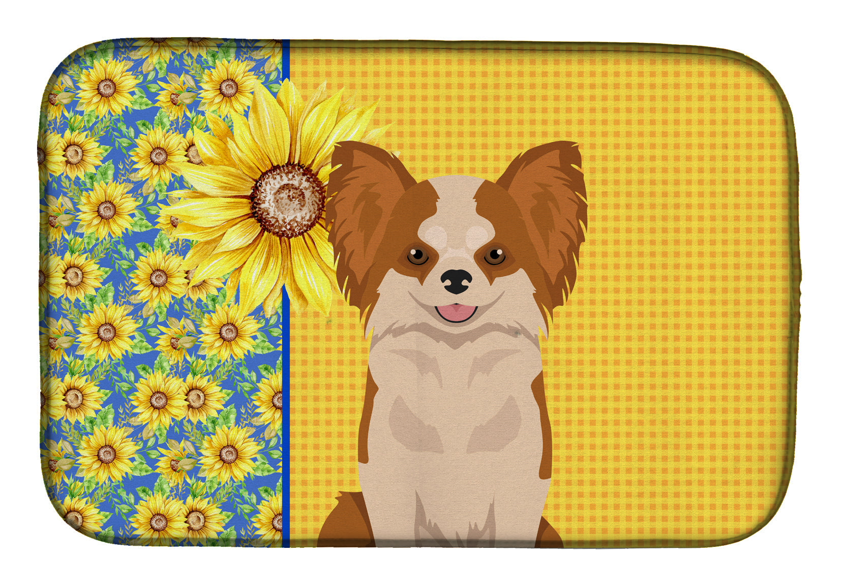 Summer Sunflowers Longhaired Red and White Chihuahua Dish Drying Mat Absorbent Dish Drying Mat Pad for Kitchen Counter Dish Drainer Mat for Countertop, 14 x 21", Multicolor