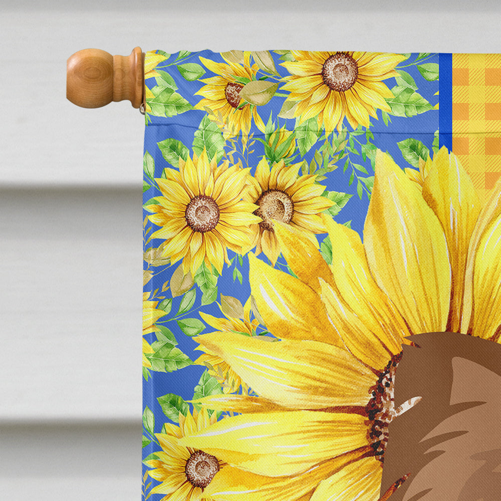 Summer Sunflowers Longhaired Chocolate and Tan Chihuahua House Flag 28x40 Porch Sleeve Pole Decorative Outside Yard Banner Artwork Wall Hanging, Polyester
