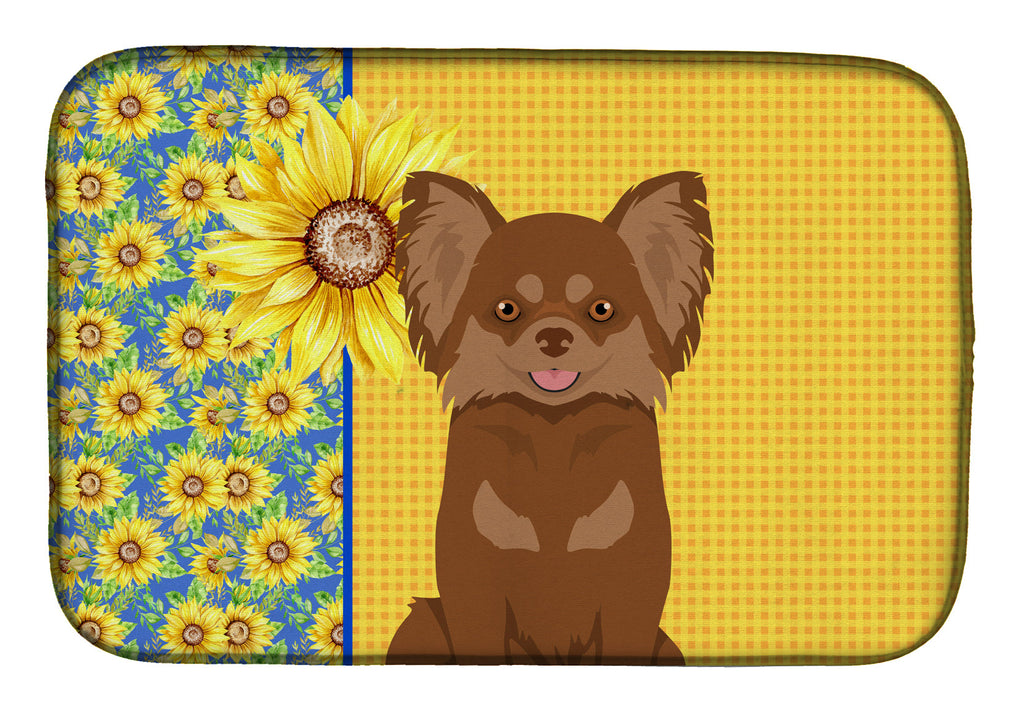 Summer Sunflowers Longhaired Chocolate and Tan Chihuahua Dish Drying Mat Absorbent Dish Drying Mat Pad for Kitchen Counter Dish Drainer Mat for Countertop, 14 x 21", Multicolor