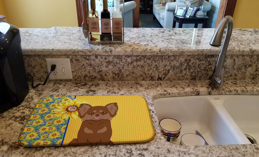 Summer Sunflowers Longhaired Chocolate and Tan Chihuahua Dish Drying Mat Absorbent Dish Drying Mat Pad for Kitchen Counter Dish Drainer Mat for Countertop, 14 x 21", Multicolor