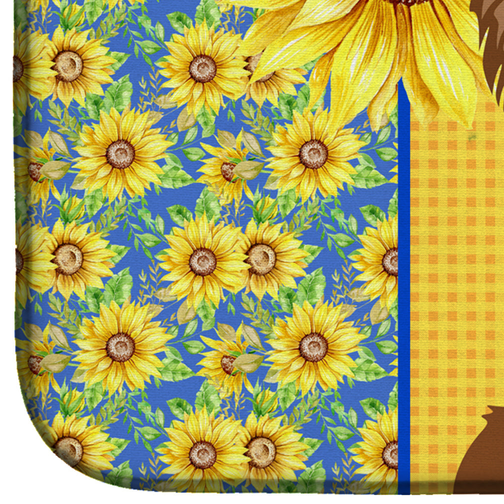 Summer Sunflowers Longhaired Chocolate and Tan Chihuahua Dish Drying Mat Absorbent Dish Drying Mat Pad for Kitchen Counter Dish Drainer Mat for Countertop, 14 x 21", Multicolor