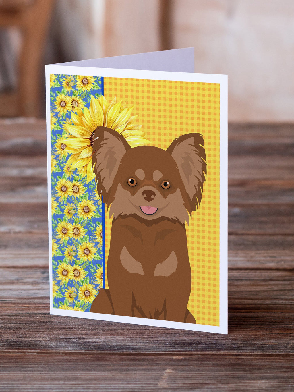 Summer Sunflowers Longhaired Chocolate and Tan Chihuahua Greeting Cards Pack of 8 Blank Cards with Envelopes Whimsical A7 Size 5x7