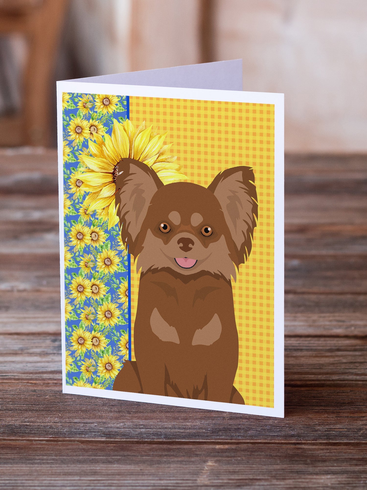 Summer Sunflowers Longhaired Chocolate and Tan Chihuahua Greeting Cards Pack of 8 Blank Cards with Envelopes Whimsical A7 Size 5x7