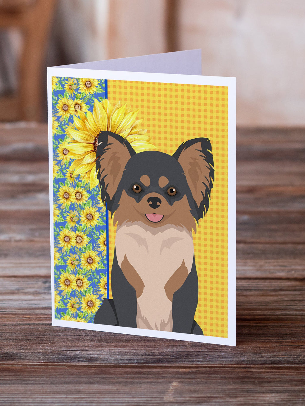 Summer Sunflowers Longhaired Black and Tan Chihuahua Greeting Cards Pack of 8 Blank Cards with Envelopes Whimsical A7 Size 5x7