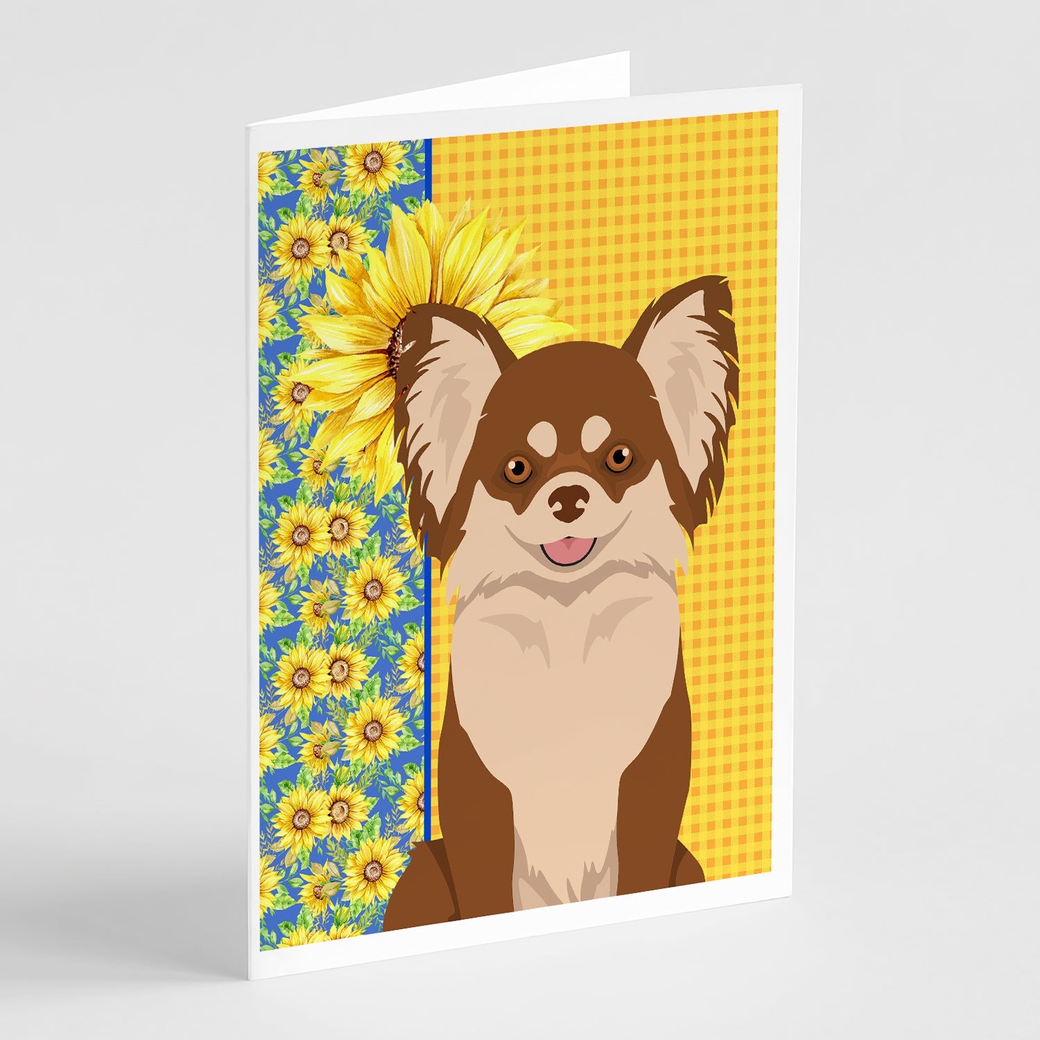 Summer Sunflowers Longhaired Chocolate and White Chihuahua Greeting Cards Pack of 8 Blank Cards with Envelopes Whimsical A7 Size 5x7