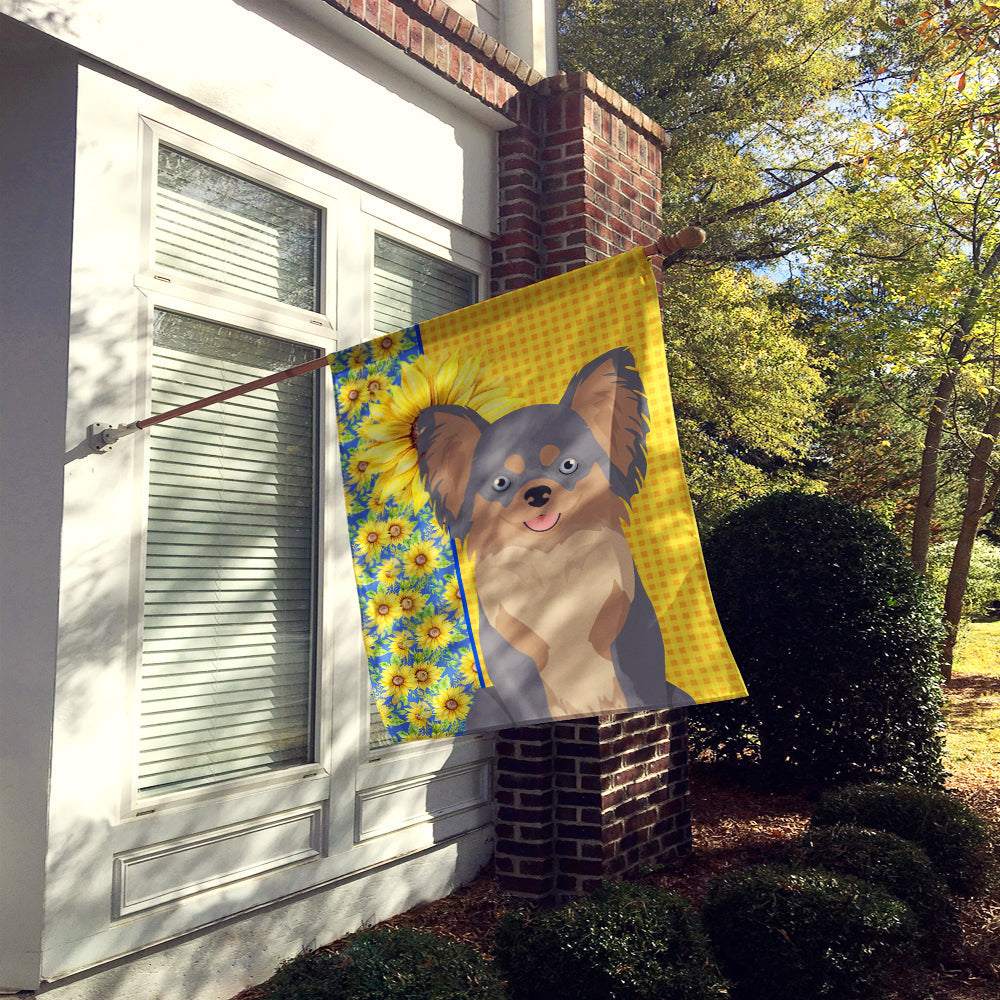 Summer Sunflowers Longhaired Blue and Tan Chihuahua House Flag 28x40 Porch Sleeve Pole Decorative Outside Yard Banner Artwork Wall Hanging, Polyester