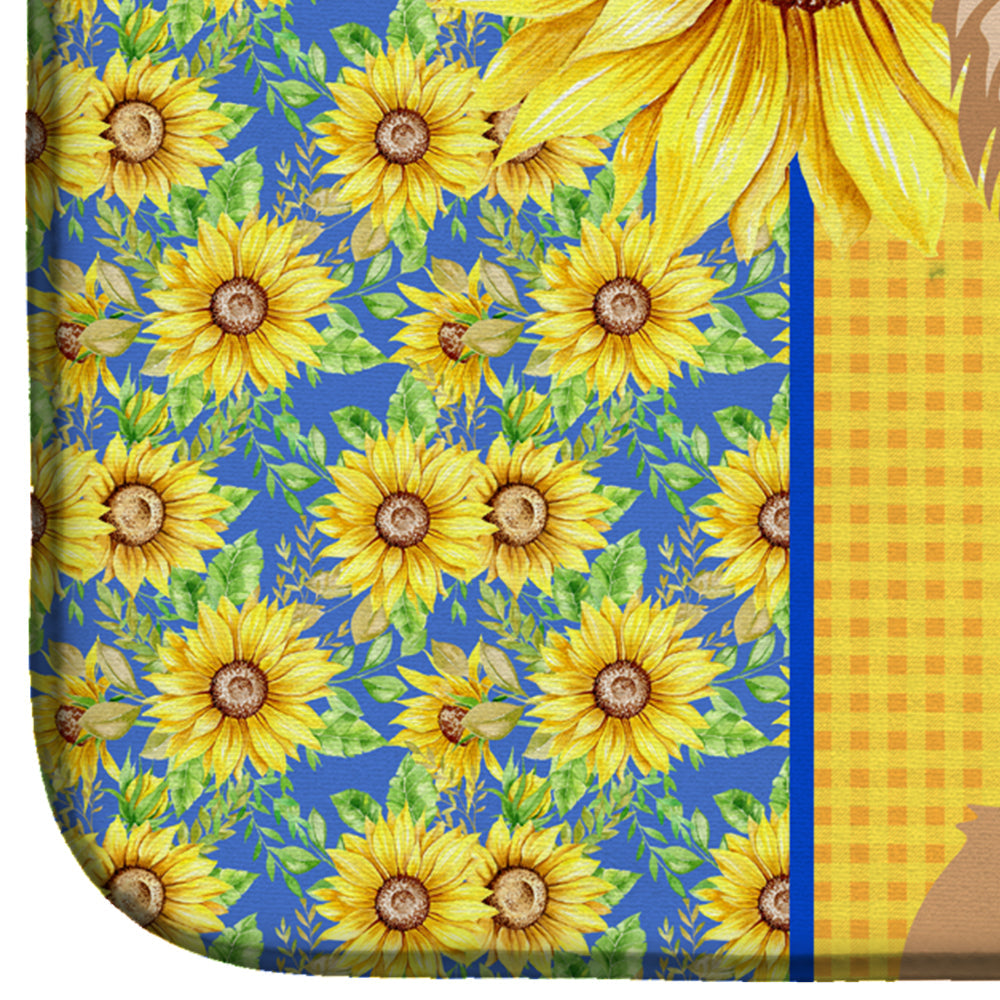 Summer Sunflowers Longhaired Gold and White Chihuahua Dish Drying Mat Absorbent Dish Drying Mat Pad for Kitchen Counter Dish Drainer Mat for Countertop, 14 x 21", Multicolor