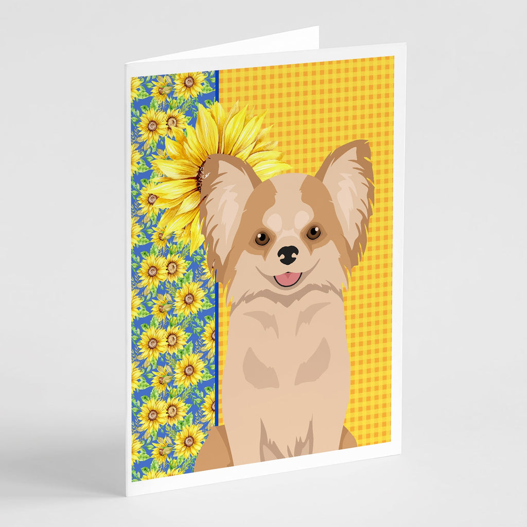 Summer Sunflowers Longhaired Gold and White Chihuahua Greeting Cards Pack of 8 Blank Cards with Envelopes Whimsical A7 Size 5x7