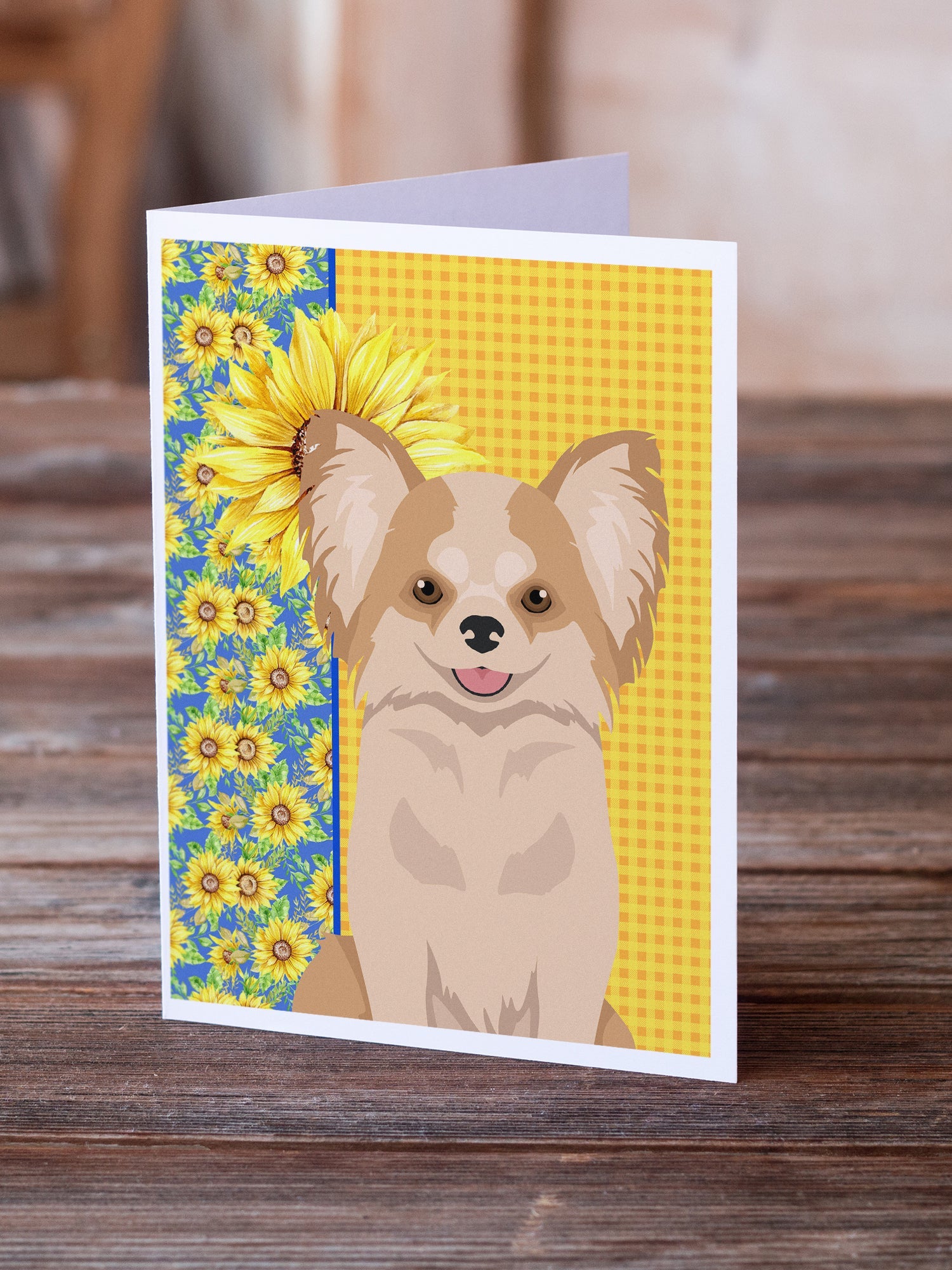 Summer Sunflowers Longhaired Gold and White Chihuahua Greeting Cards Pack of 8 Blank Cards with Envelopes Whimsical A7 Size 5x7