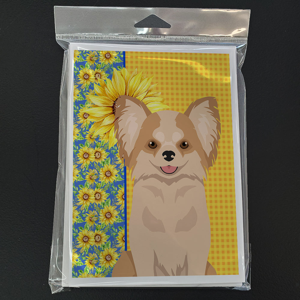 Summer Sunflowers Longhaired Gold and White Chihuahua Greeting Cards Pack of 8 Blank Cards with Envelopes Whimsical A7 Size 5x7