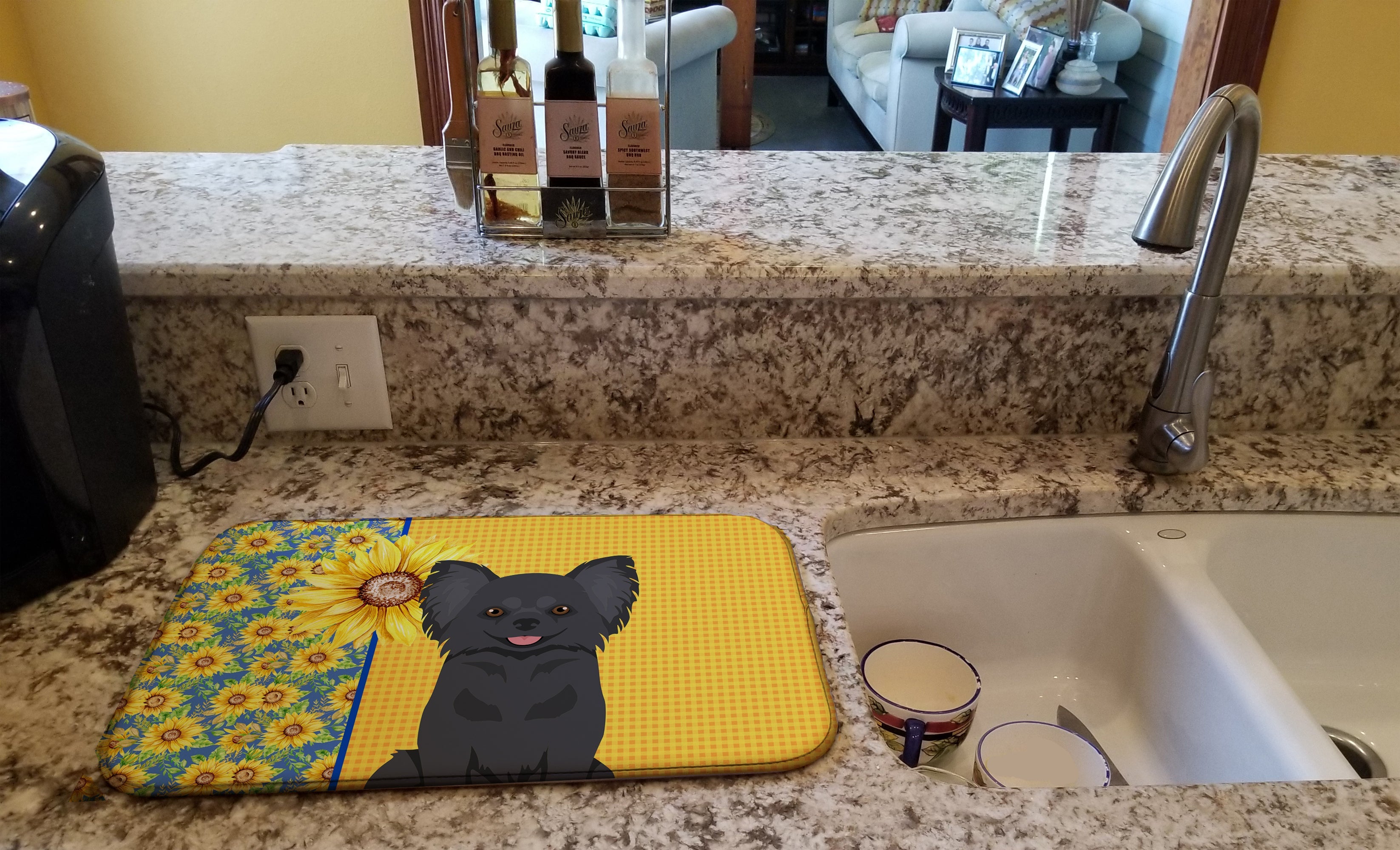 Summer Sunflowers Longhaired Black Chihuahua Dish Drying Mat Absorbent Dish Drying Mat Pad for Kitchen Counter Dish Drainer Mat for Countertop, 14 x 21", Multicolor