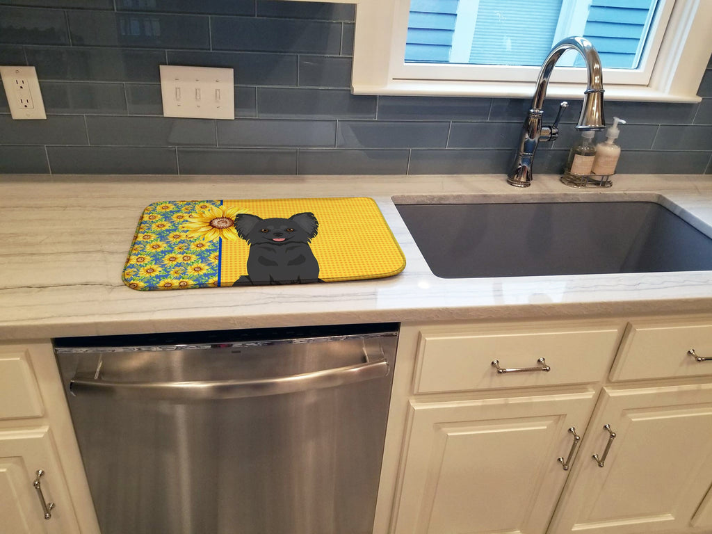 Summer Sunflowers Longhaired Black Chihuahua Dish Drying Mat Absorbent Dish Drying Mat Pad for Kitchen Counter Dish Drainer Mat for Countertop, 14 x 21", Multicolor