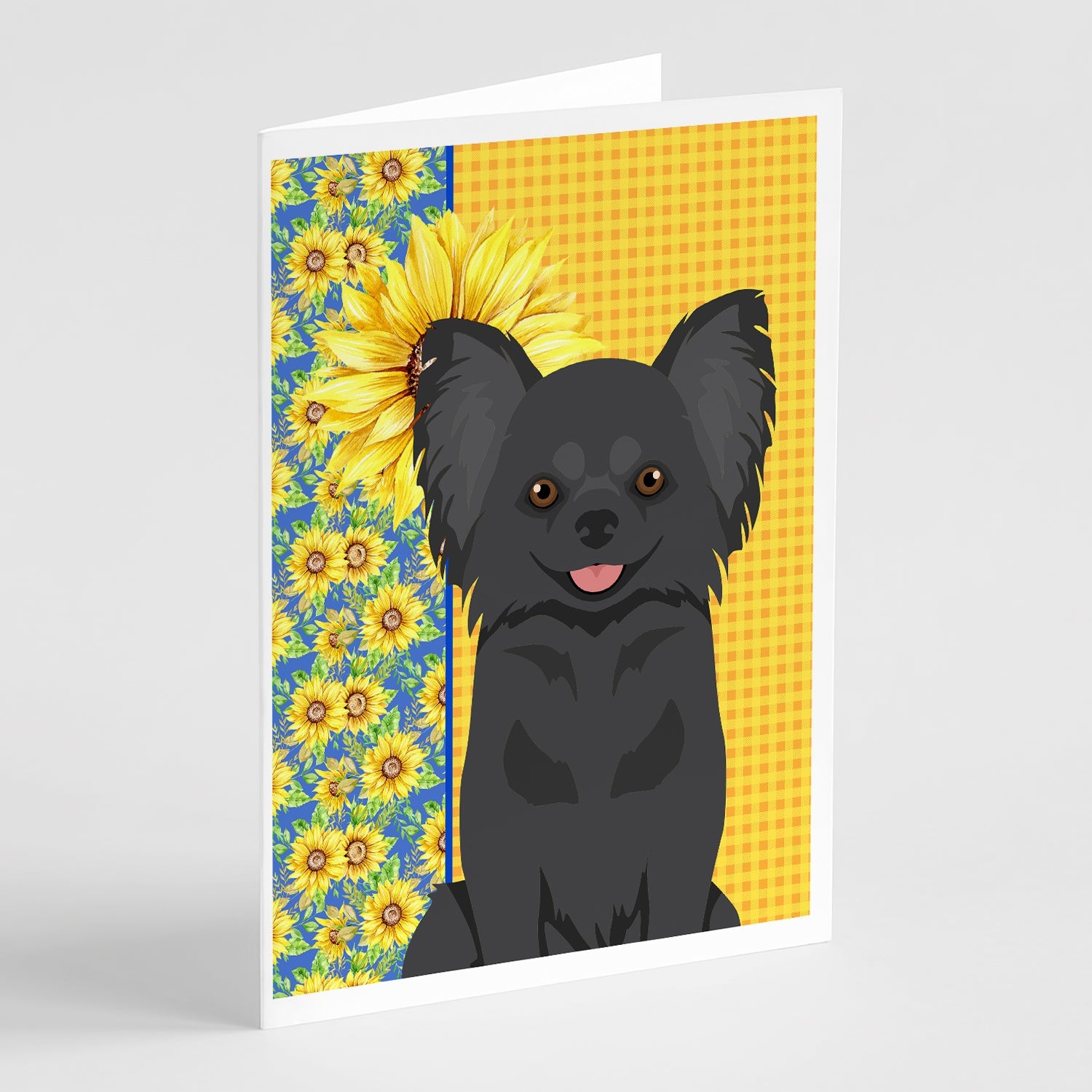 Summer Sunflowers Longhaired Black Chihuahua Greeting Cards Pack of 8 Blank Cards with Envelopes Whimsical A7 Size 5x7