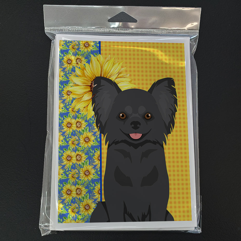 Summer Sunflowers Longhaired Black Chihuahua Greeting Cards Pack of 8 Blank Cards with Envelopes Whimsical A7 Size 5x7