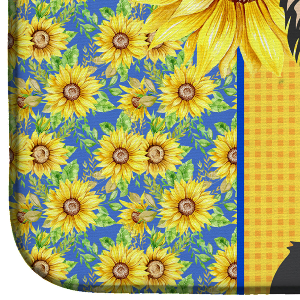 Summer Sunflowers Longhaired Black and White #2 Chihuahua Dish Drying Mat Absorbent Dish Drying Mat Pad for Kitchen Counter Dish Drainer Mat for Countertop, 14 x 21", Multicolor