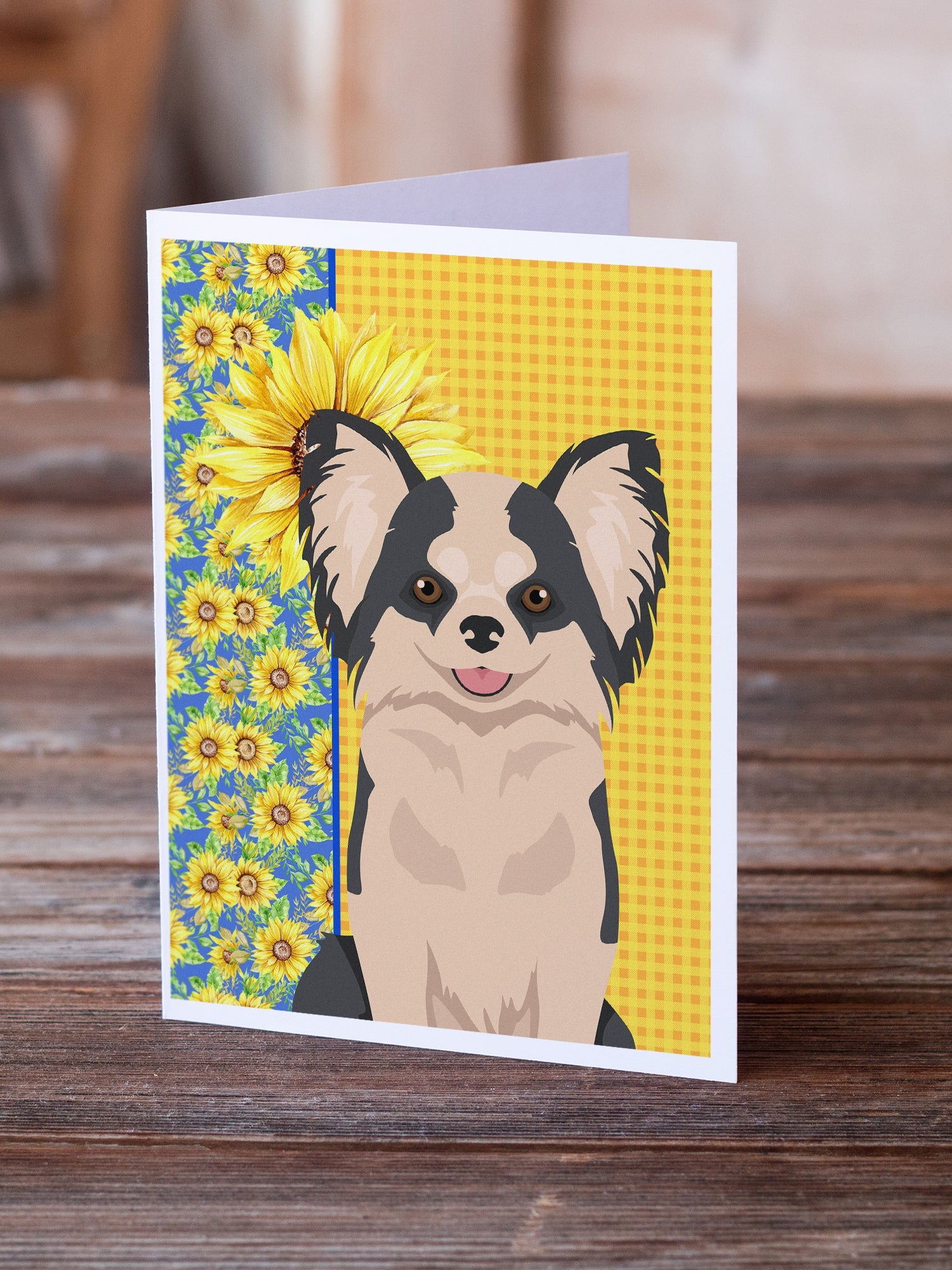Summer Sunflowers Longhaired Black and White #2 Chihuahua Greeting Cards Pack of 8 Blank Cards with Envelopes Whimsical A7 Size 5x7