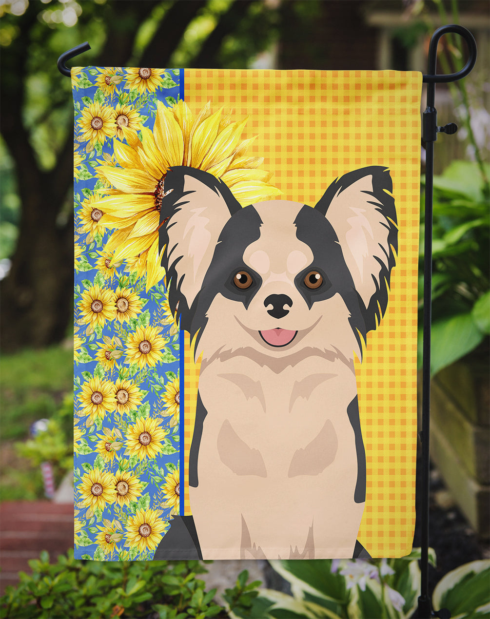Summer Sunflowers Longhaired Black and White #2 Chihuahua Garden Flag Mailbox Decorative Yard Banner Outside Patio Artwork for Flower Beds, Garden Size, Multicolor