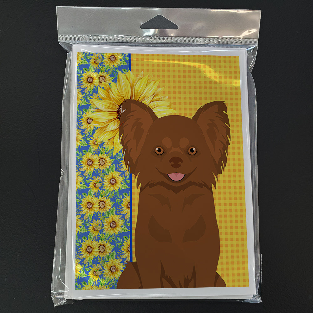 Summer Sunflowers Longhaired Chocolate Chihuahua Greeting Cards Pack of 8 Blank Cards with Envelopes Whimsical A7 Size 5x7