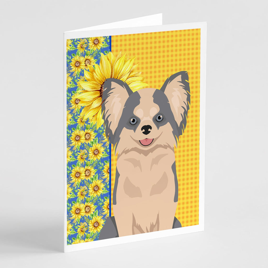 Summer Sunflowers Longhaired Blue and White Chihuahua Greeting Cards Pack of 8 Blank Cards with Envelopes Whimsical A7 Size 5x7